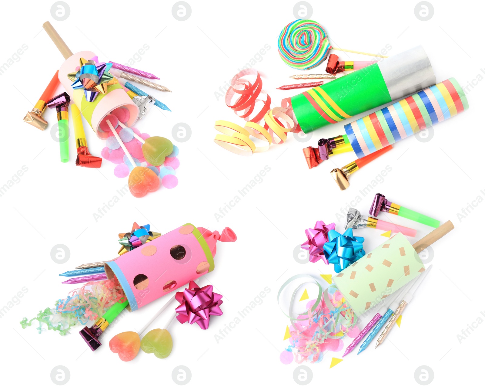 Image of Collage with poppers and other party items isolated on white