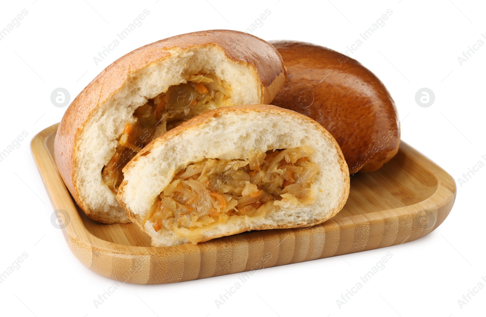 Photo of Delicious baked patties with cabbage on white background