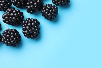 Photo of Tasty ripe blackberries on light blue background, flat lay. Space for text
