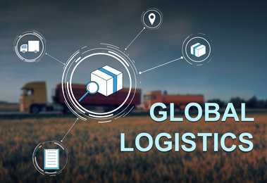 Image of Global logistics concept. Trucks on country road and scheme with icons