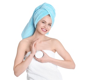 Young woman with jar of hand cream on white background