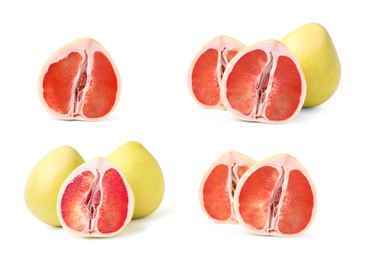 Image of Collage with fresh pomelo fruits on white background