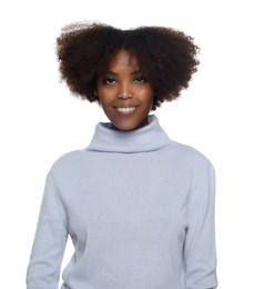 Portrait of smiling African American woman on white background
