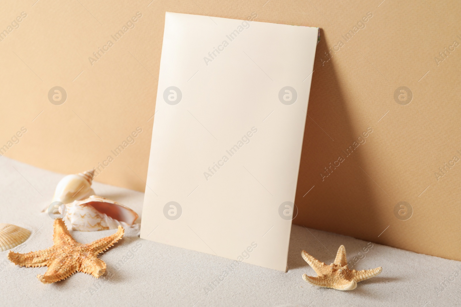 Photo of Scented sachet, starfishes and sea shells on sand near orange wall