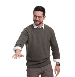 Handsome bearded businessman in eyeglasses on white background