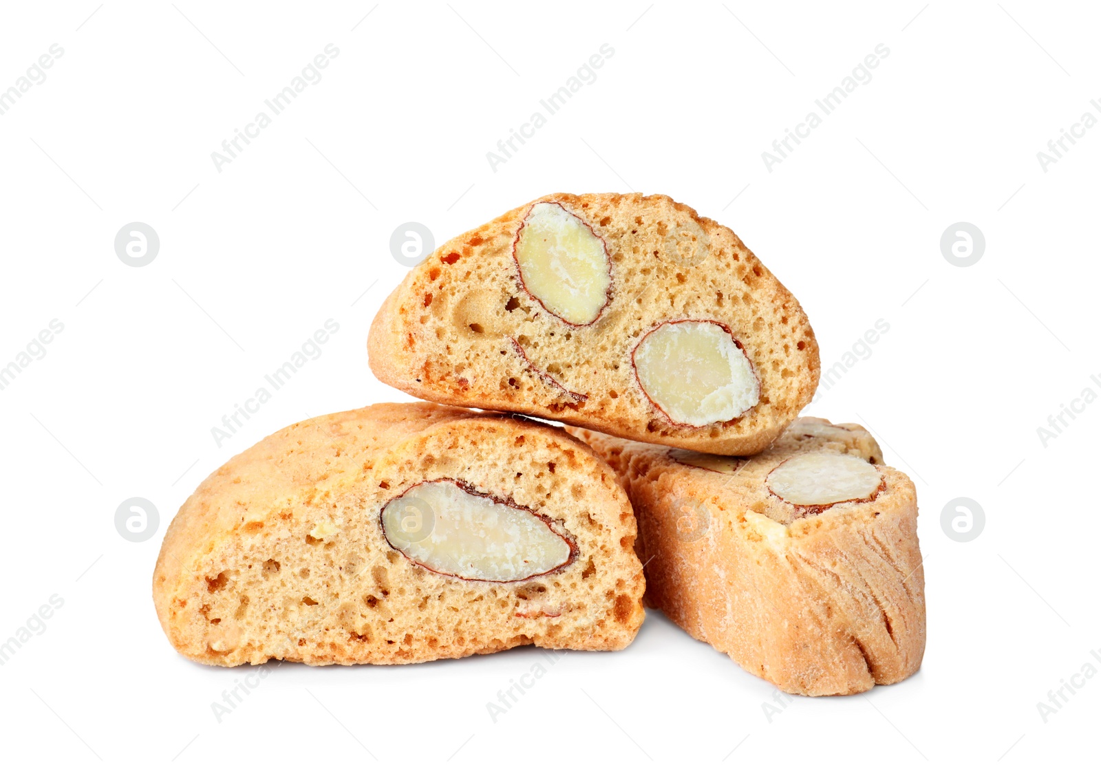 Photo of Slices of tasty cantucci on white background. Traditional Italian almond biscuits