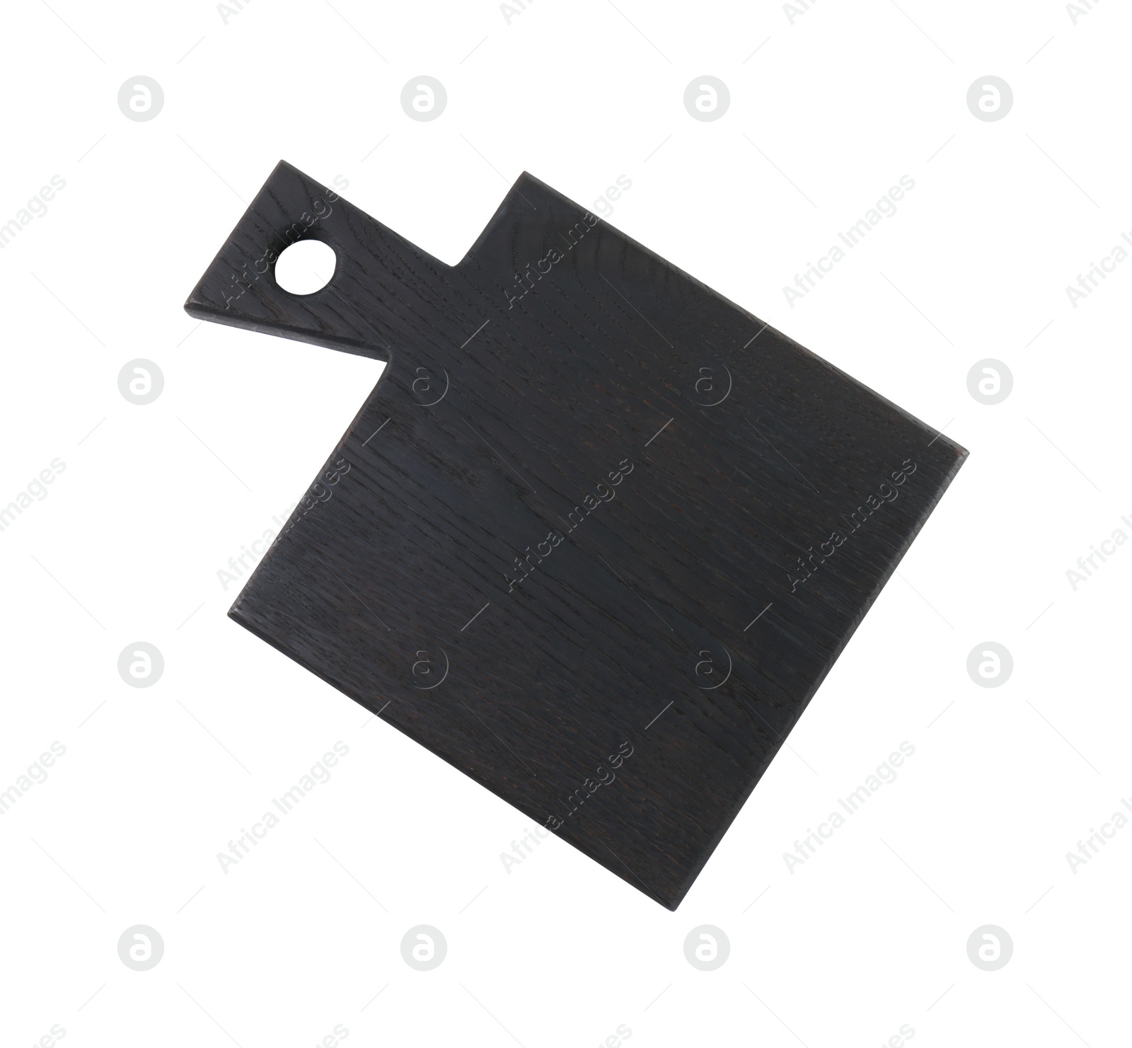 Photo of Black wooden cutting board isolated on white, top view