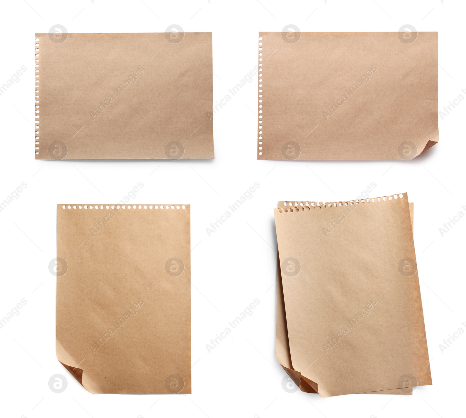 Image of Set with blank kraft paper sheets on white background, top view