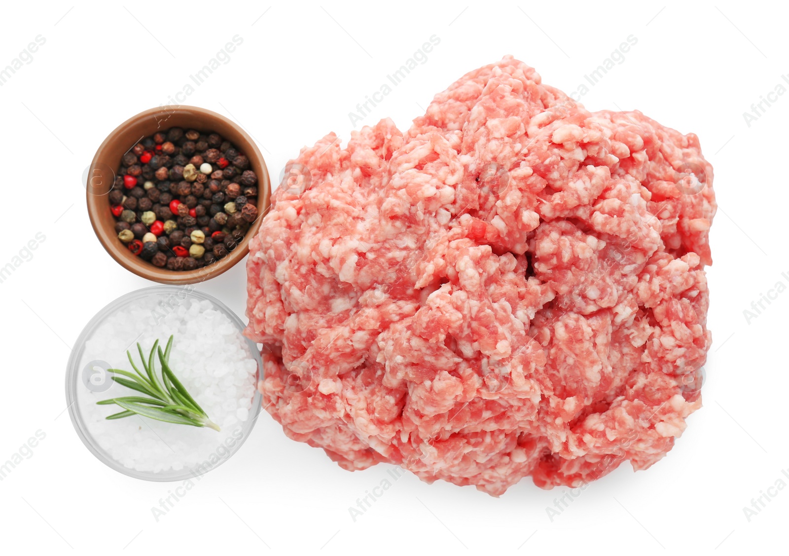 Photo of Raw fresh minced meat with rosemary and pepper isolated on white, top view