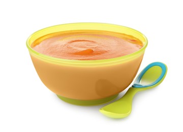 Tasty baby food in bowl and spoon isolated on white