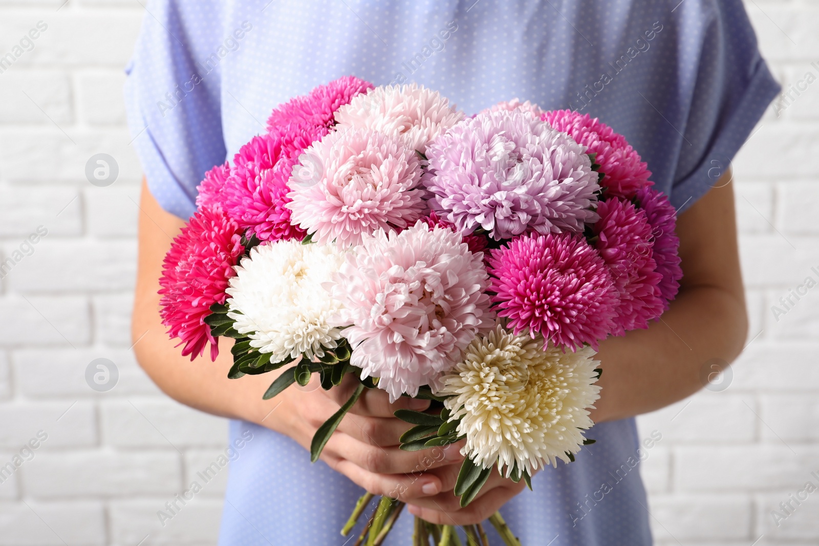 Photo of Woman holding beautiful aster flower bouquet against brick wall