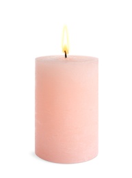 Photo of Decorative pink wax candle on white background