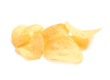 Photo of Tasty crispy potato chips on white background