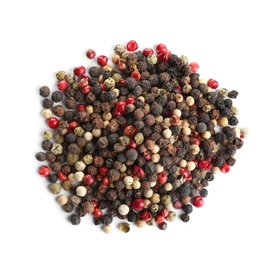 Photo of Heap of mixed peppercorns isolated on white, top view