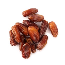 Photo of Heap of tasty sweet dried dates on white background, top view