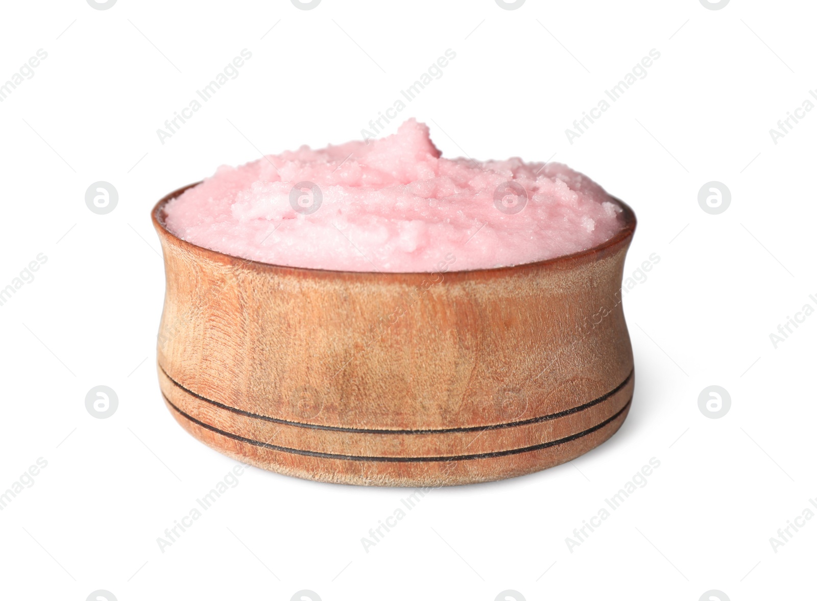 Photo of Wooden bowl of pink body scrub isolated on white