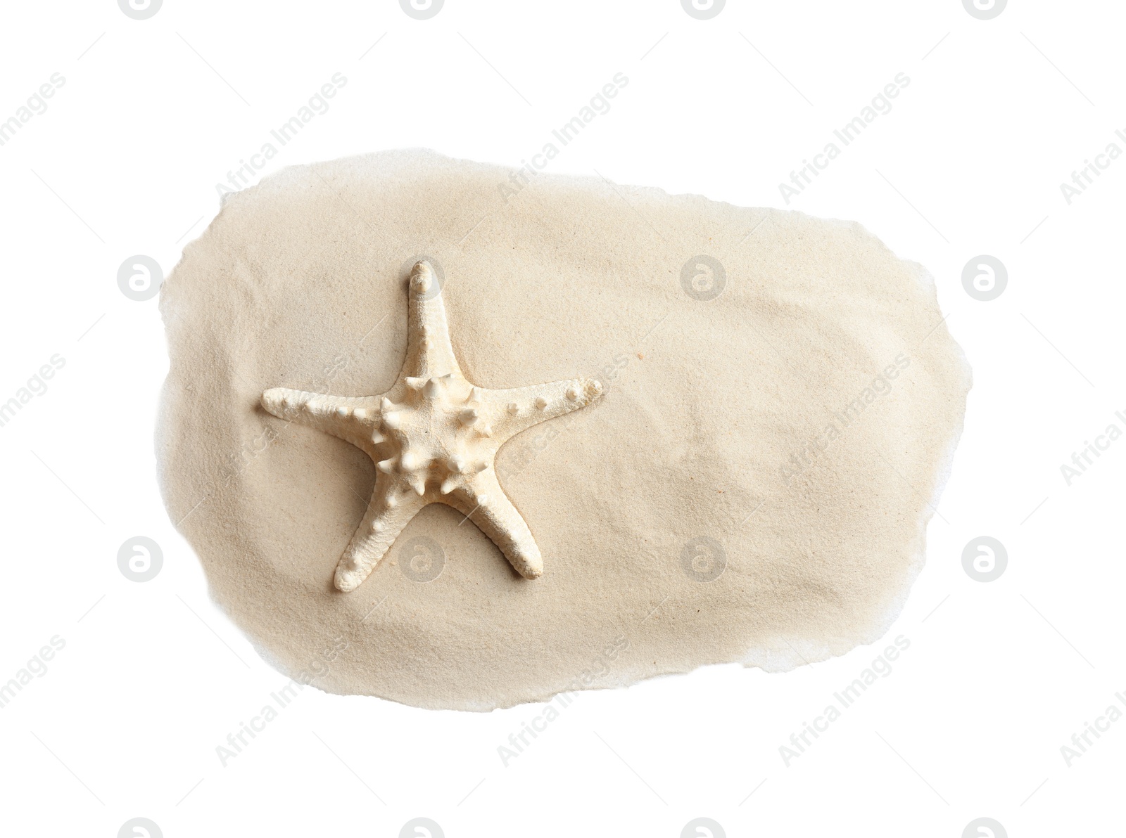 Photo of Composition with beach sand and sea star on white background, top view