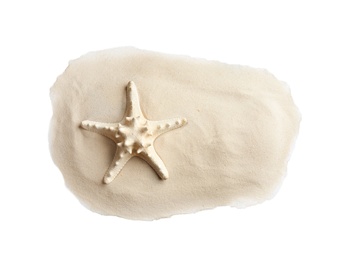 Composition with beach sand and sea star on white background, top view