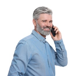 Photo of Mature businessman in stylish clothes talking on smartphone against white background