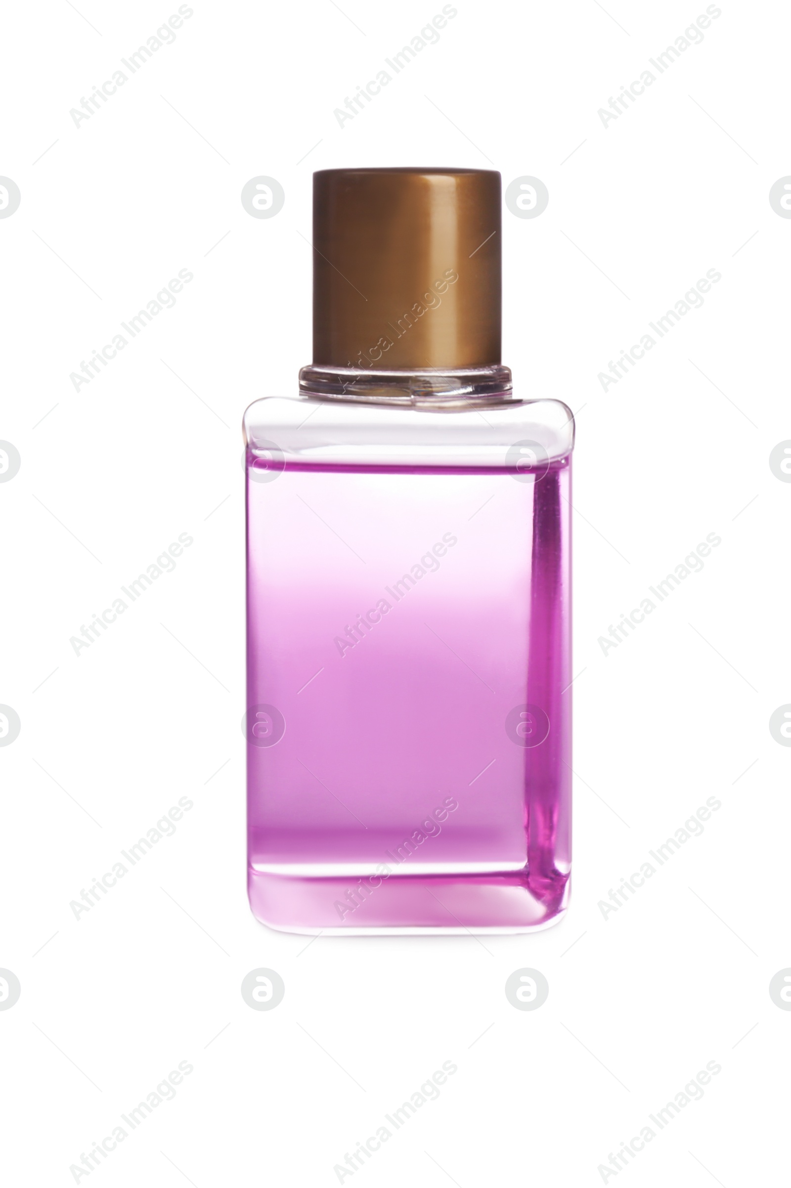 Photo of Mini bottle with cosmetic product on white background. Hotel amenity