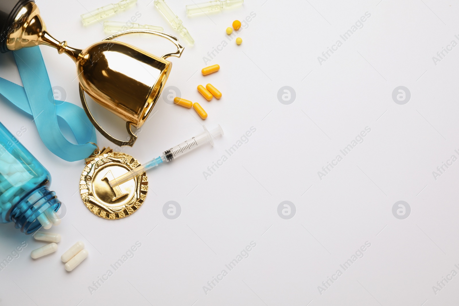 Photo of Flat lay composition with drugs on white background, space for text. Doping control