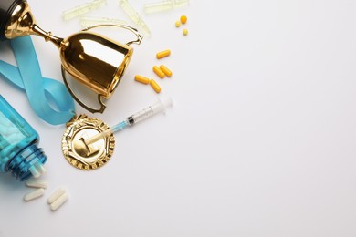 Photo of Flat lay composition with drugs on white background, space for text. Doping control