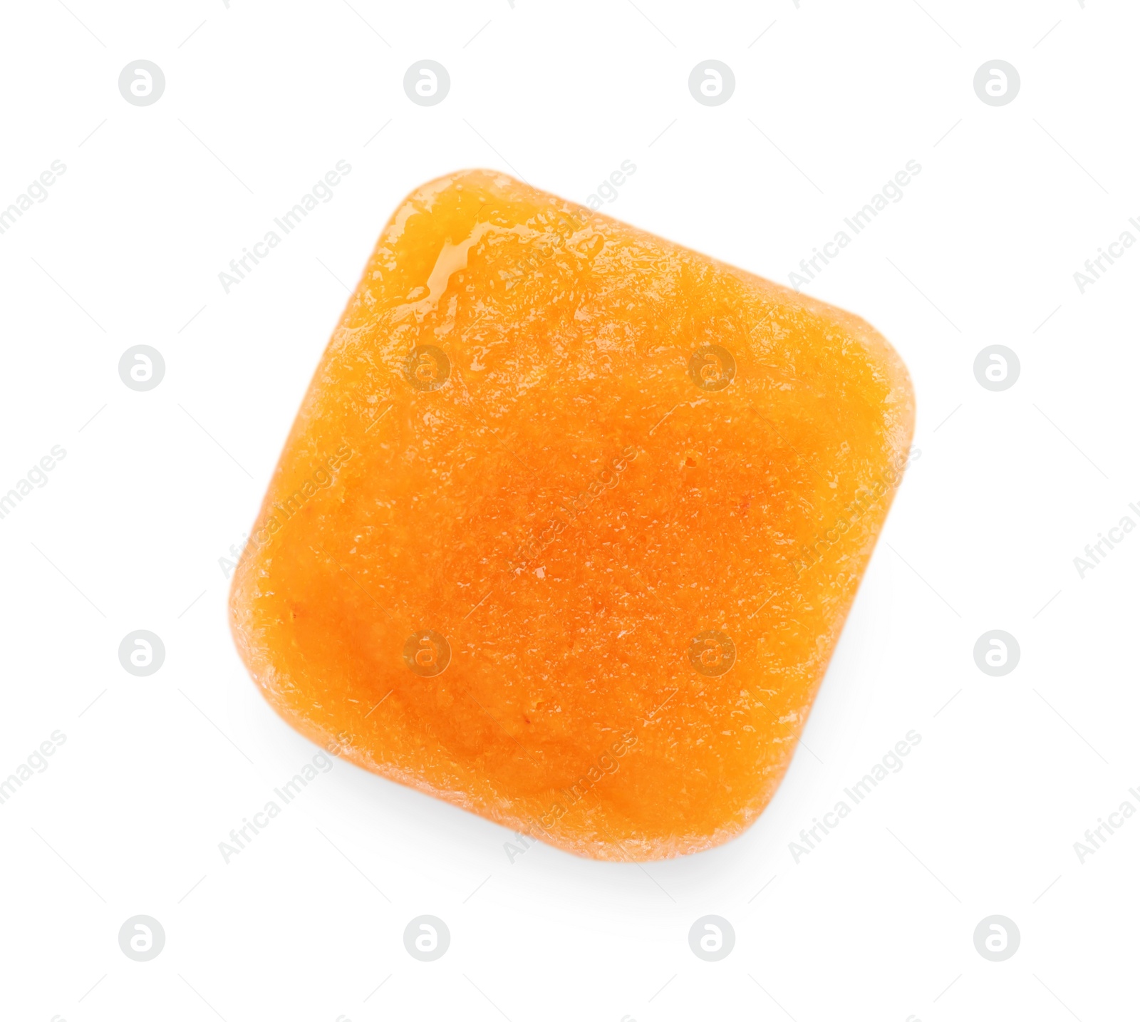 Photo of Frozen fruit puree cube isolated on white, top view