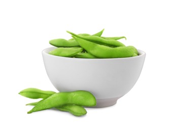 Bowl with green edamame pods on white background