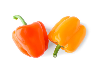 Ripe colorful bell peppers isolated on white, top view