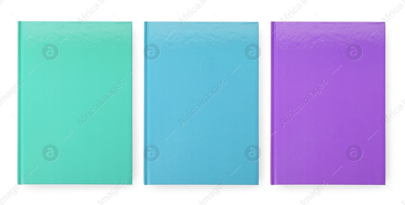 Image of Set with different multicolored planners on white background, top view. Banner design