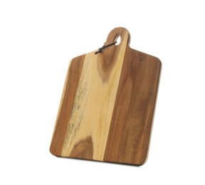 Photo of Wooden cutting board isolated on white. Cooking utensil