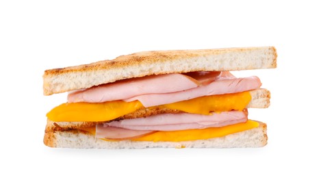 Photo of Delicious grilled sandwich with ham and cheese isolated on white