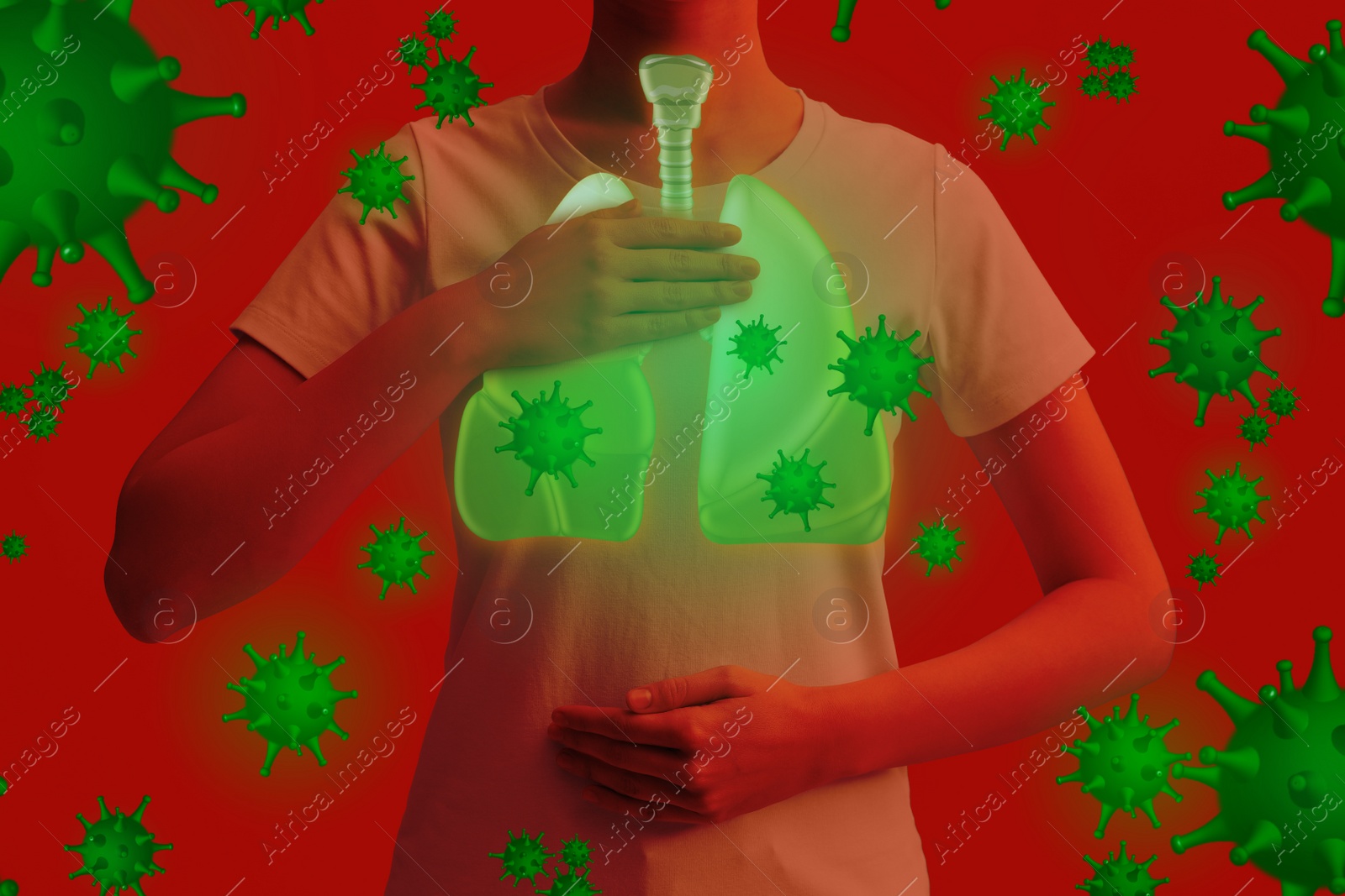 Image of Woman holding hands near chest with illustration of lungs and viruses that surrounding her on red background, closeup