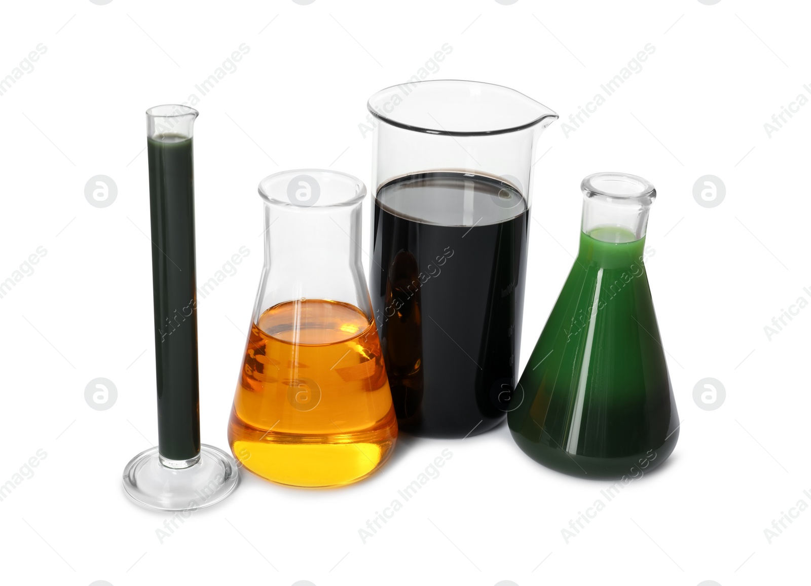 Photo of Beaker, test tube and flasks with different types of oil isolated on white