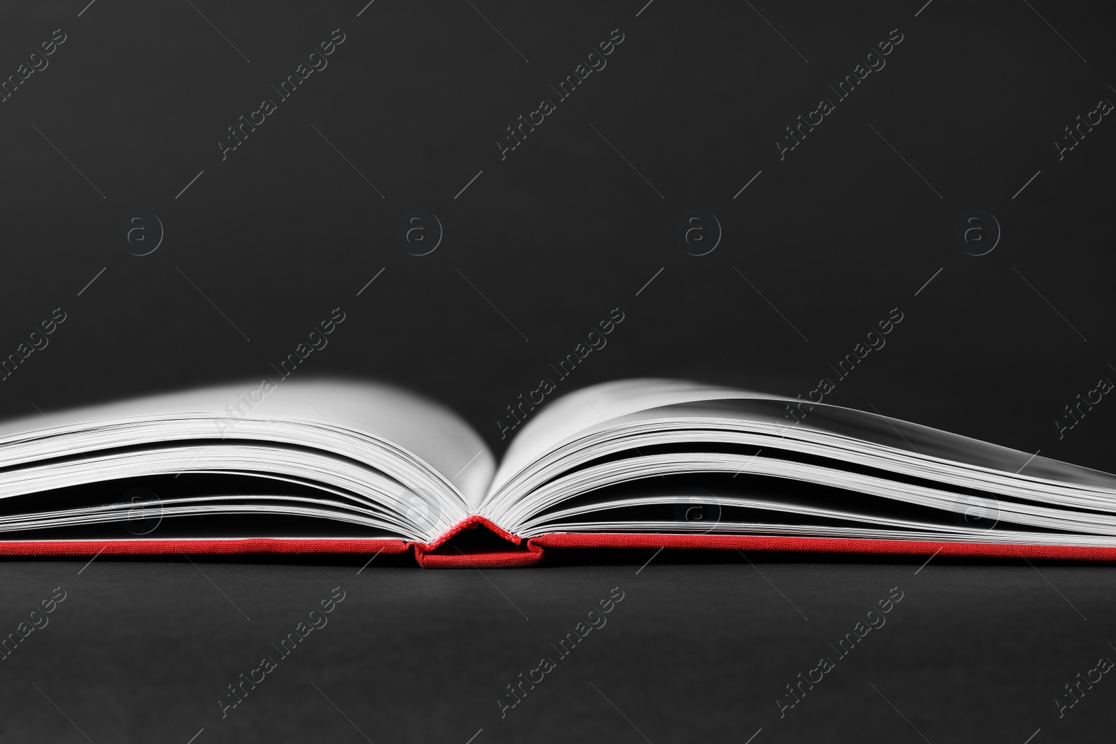 Photo of Open book with red cover on black background, closeup view