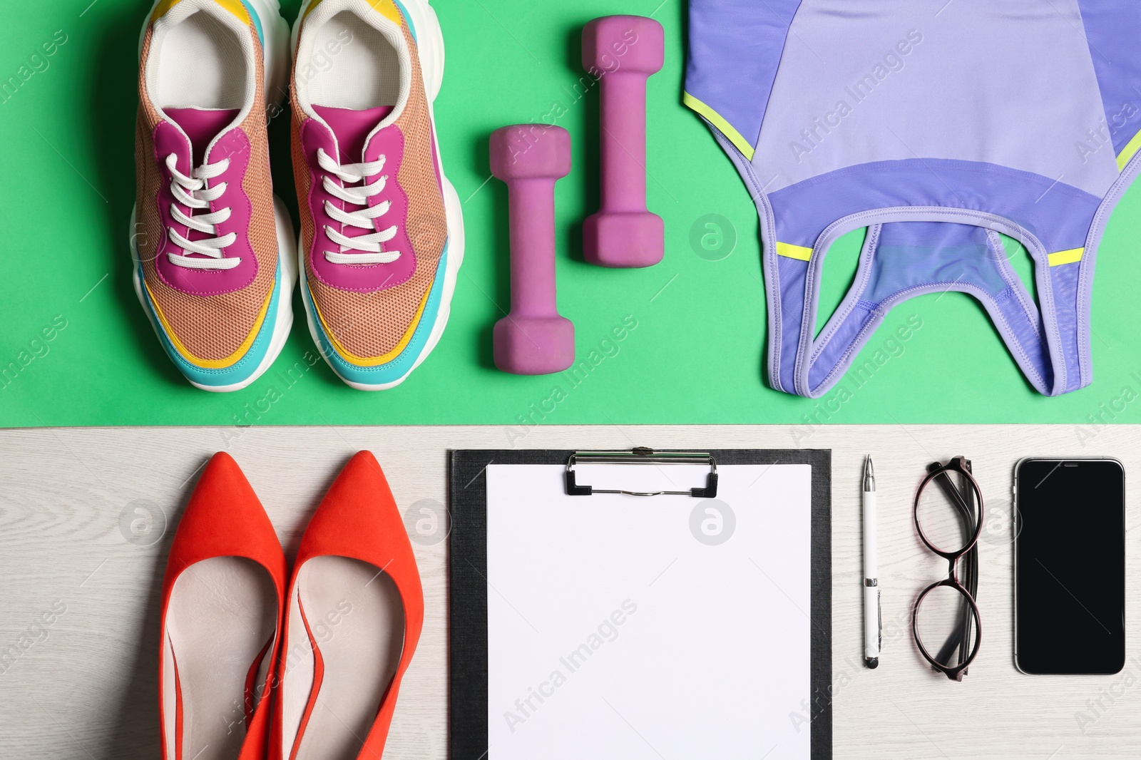 Photo of Flat lay composition with business items and sport accessories on color background. Concept of balance between work and life