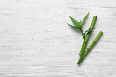 Photo of Green bamboo stems on white wooden background, top view. Space for text