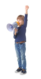 Photo of Cute little girl with megaphone on white background