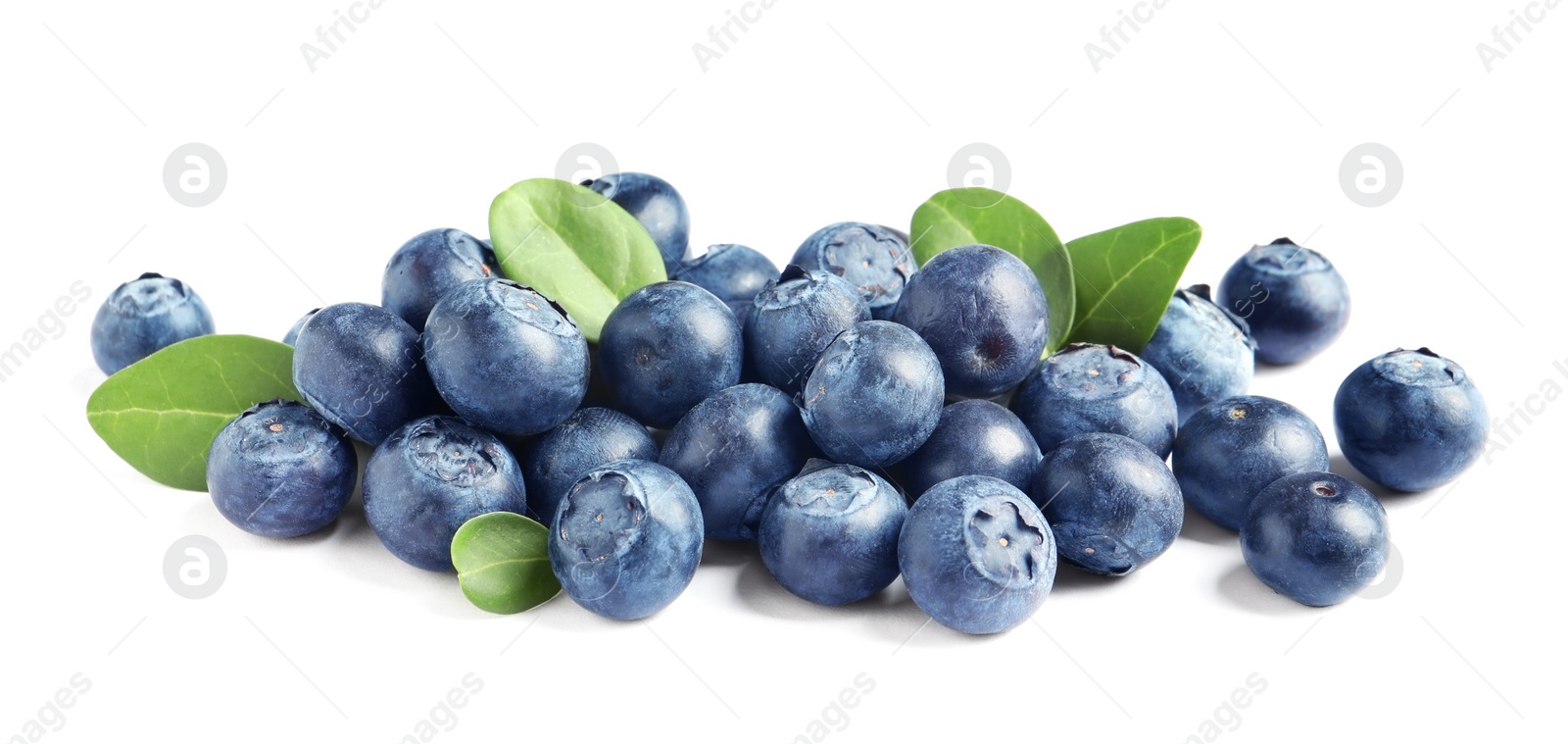 Photo of Fresh raw tasty blueberries with leaves isolated on white