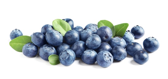 Fresh raw tasty blueberries with leaves isolated on white