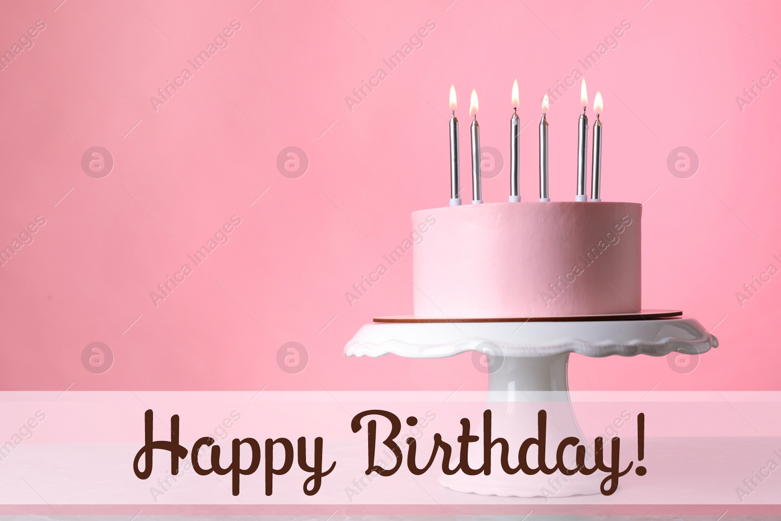 Image of Happy Birthday! Delicious cake with burning candles on pink background