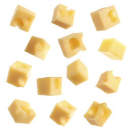 Image of Collage with cubes of cheese falling on white background