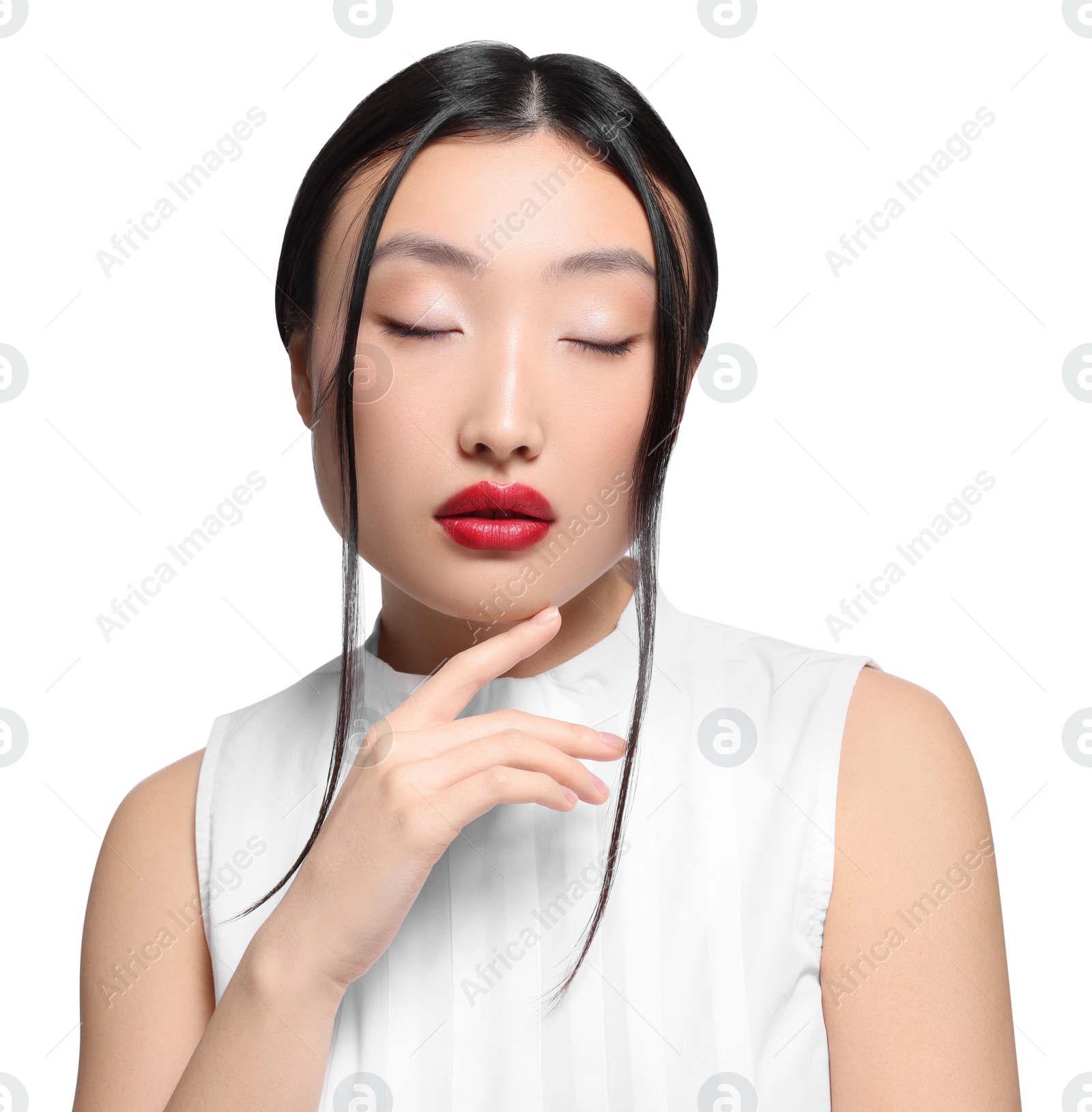 Photo of Portrait of beautiful young Asian woman on white background