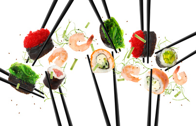 Collage of different sushi rolls and shrimps on white background