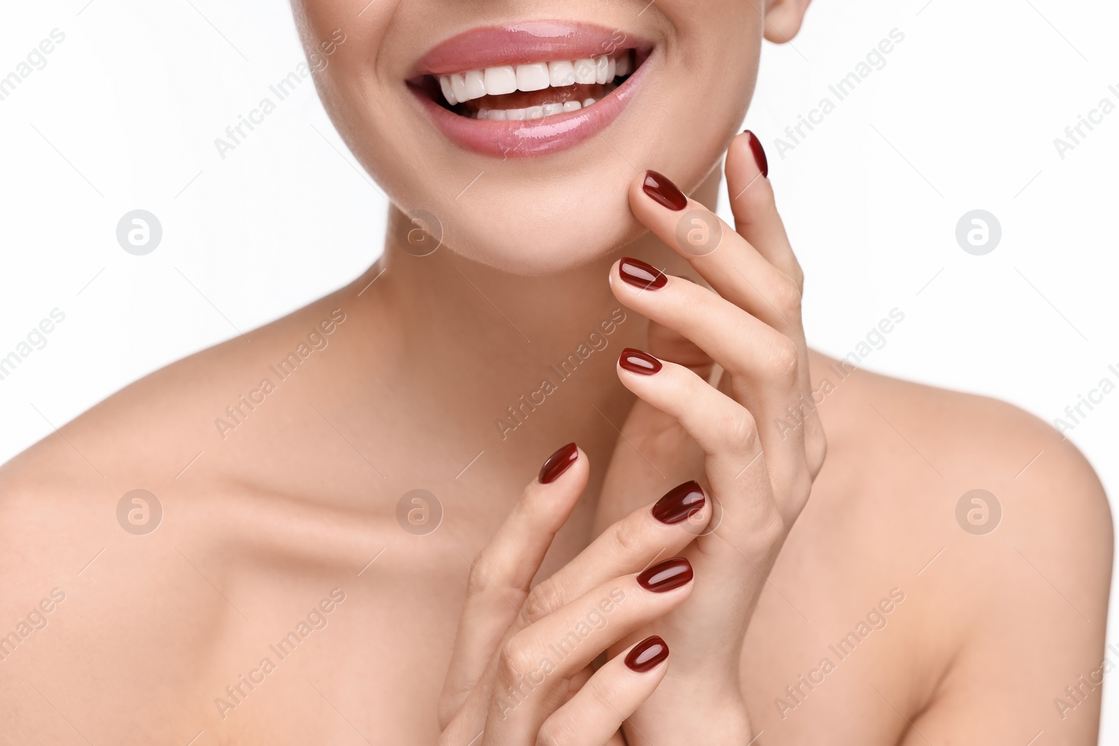 Photo of Woman with beautiful lips on white background, closeup