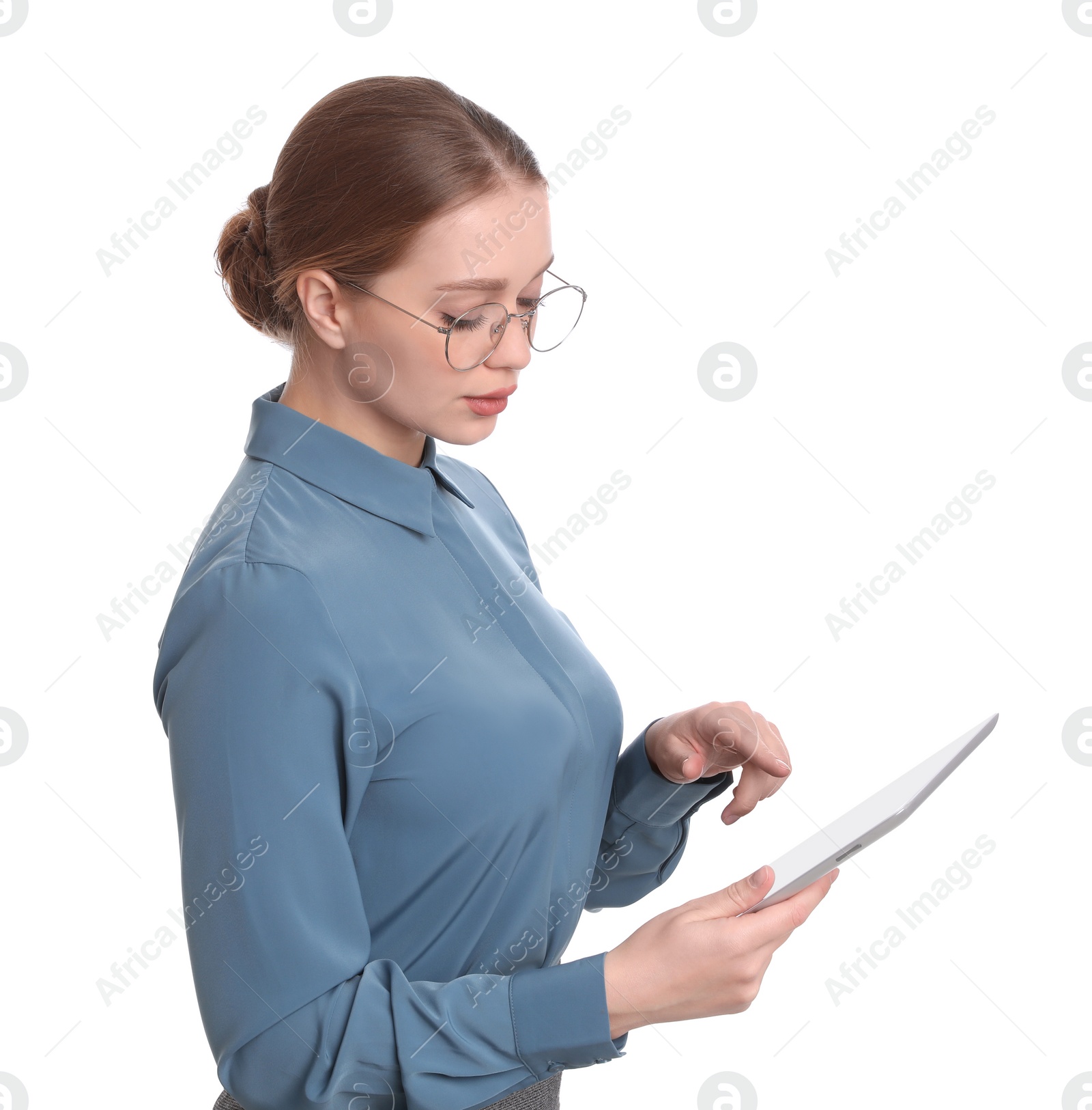 Photo of Young businesswoman with tablet on white background