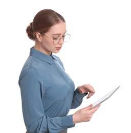 Photo of Young businesswoman with tablet on white background