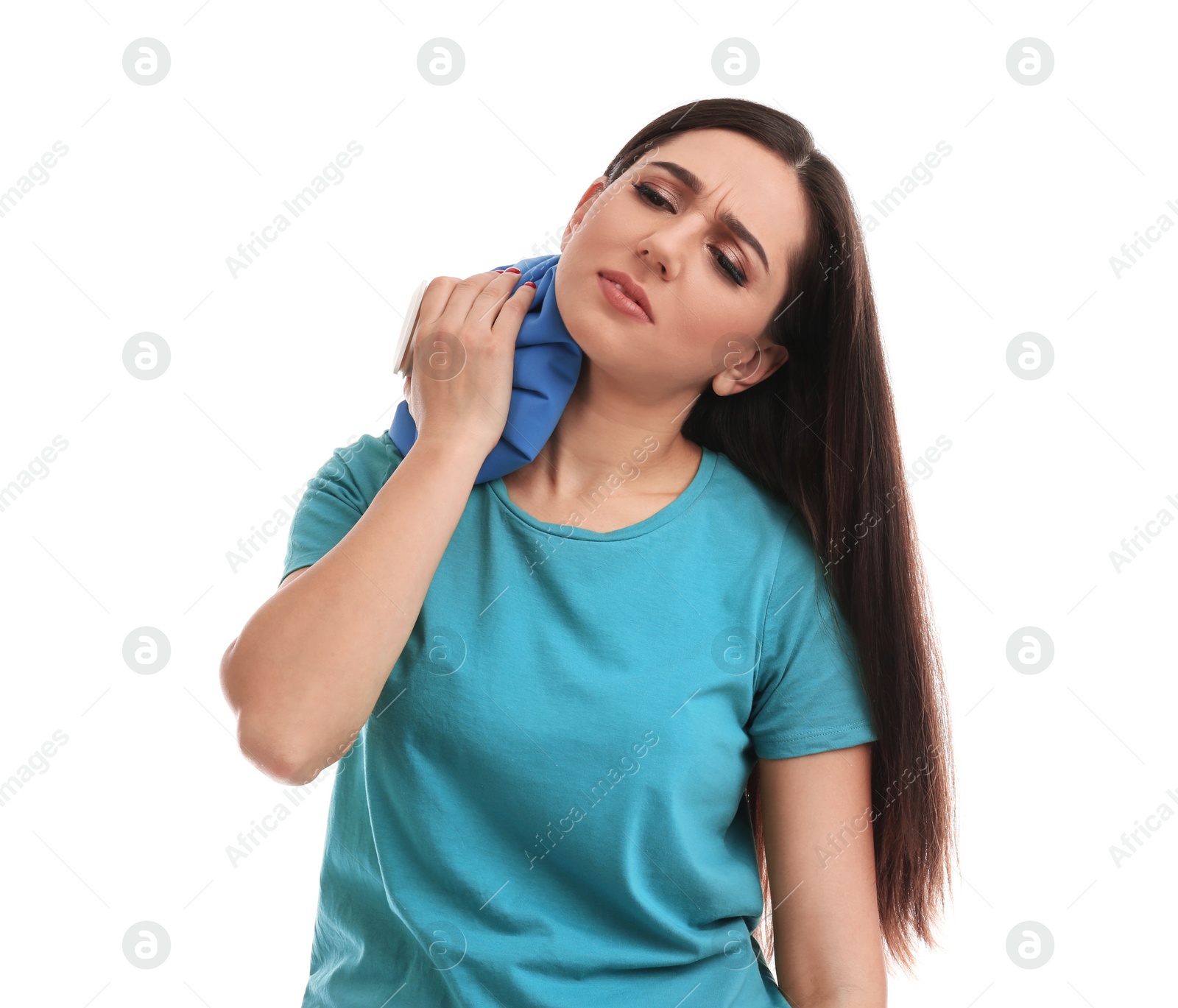Photo of Woman with cold compress suffering from neck pain on white background