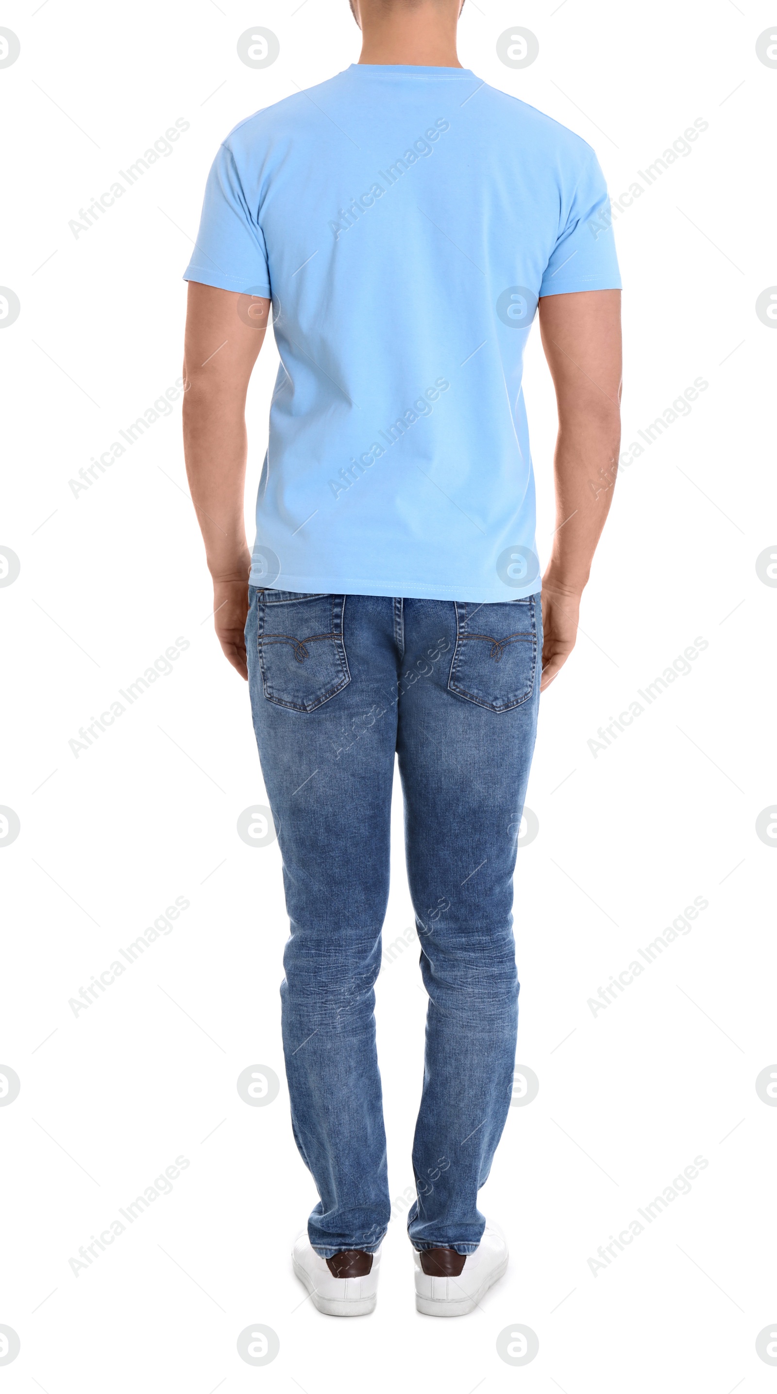 Photo of Young man on white background, closeup. Weight loss