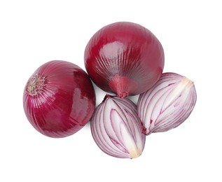 Photo of Ripe fresh red onions isolated on white, top view